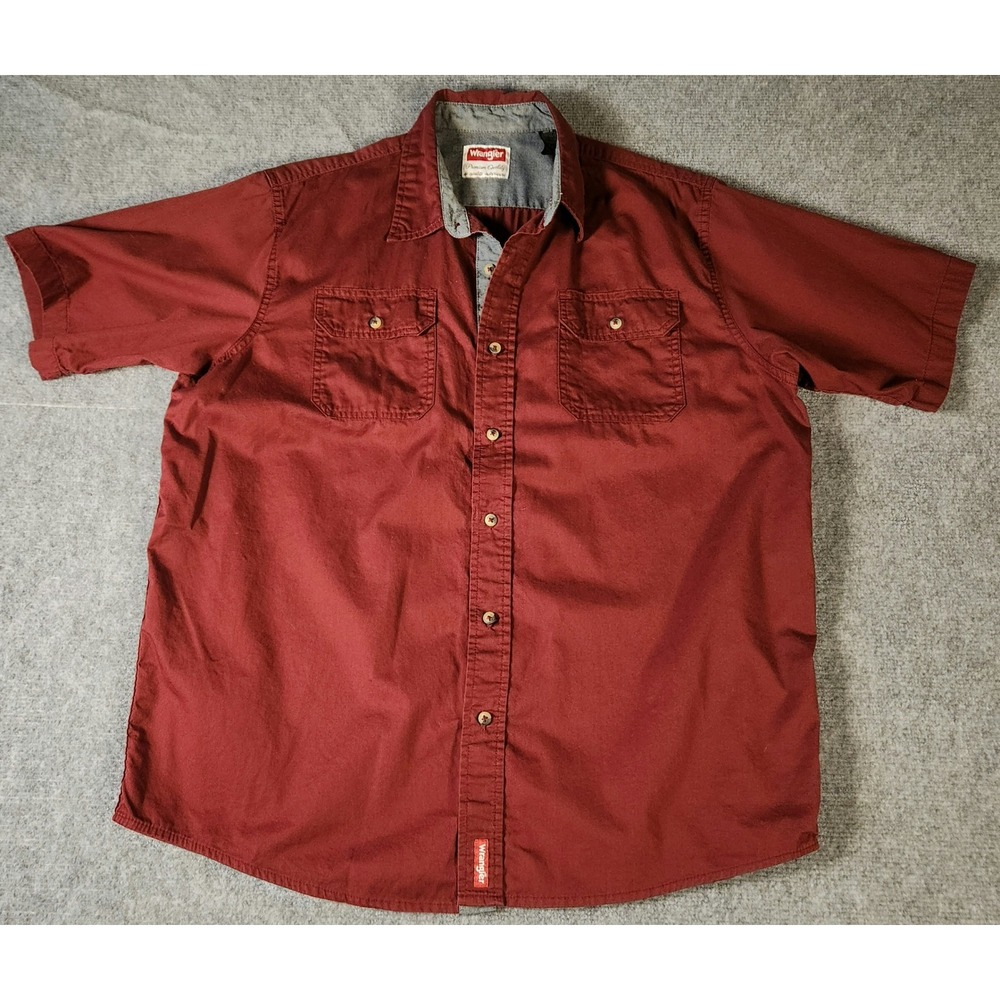 Wrangler Shirt Mens Large Burgundy Short Sleeve Button Down Cotton EXCELLENT